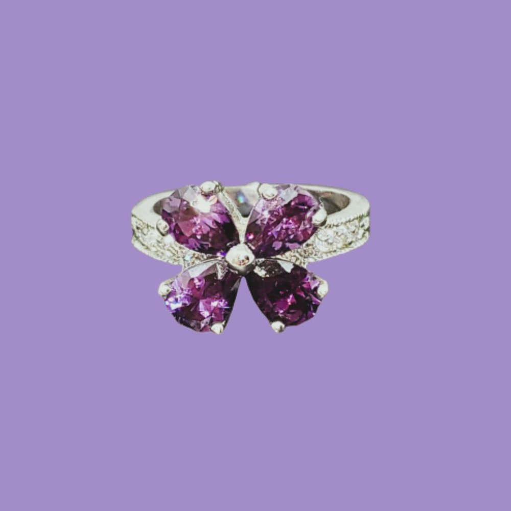 Simulated Amethyst & Rhinestone Silver Tone Flower Ring Size 6